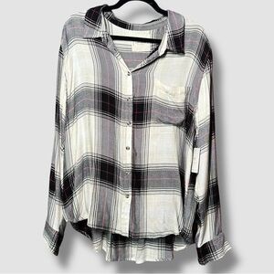 NWT Lucky Brand Cloud Soft Plaid Button Up Shirt Large Viscose Black Cream Pink